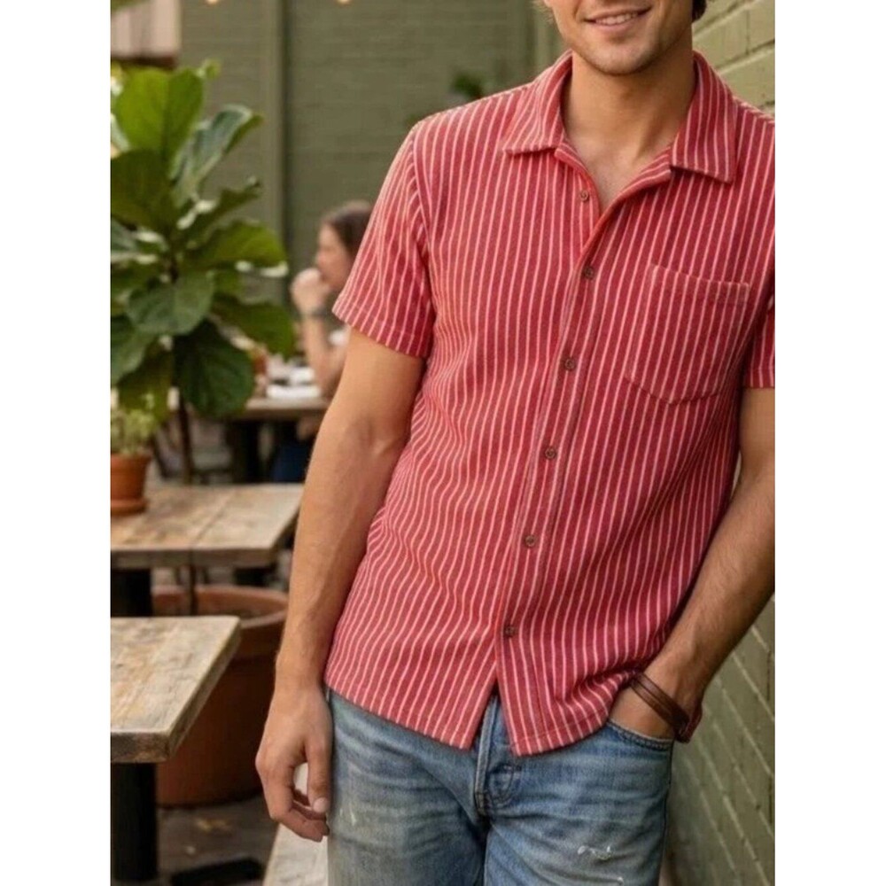 Criquet Terrycloth Striped Buttondown Men's Shirt Shorts Sleeve Red L 290270